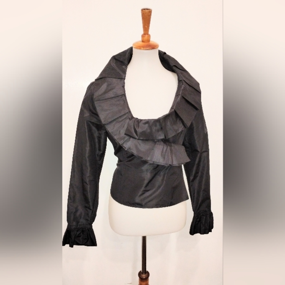 Escada Black Satin Ruffle-Neck Blouse